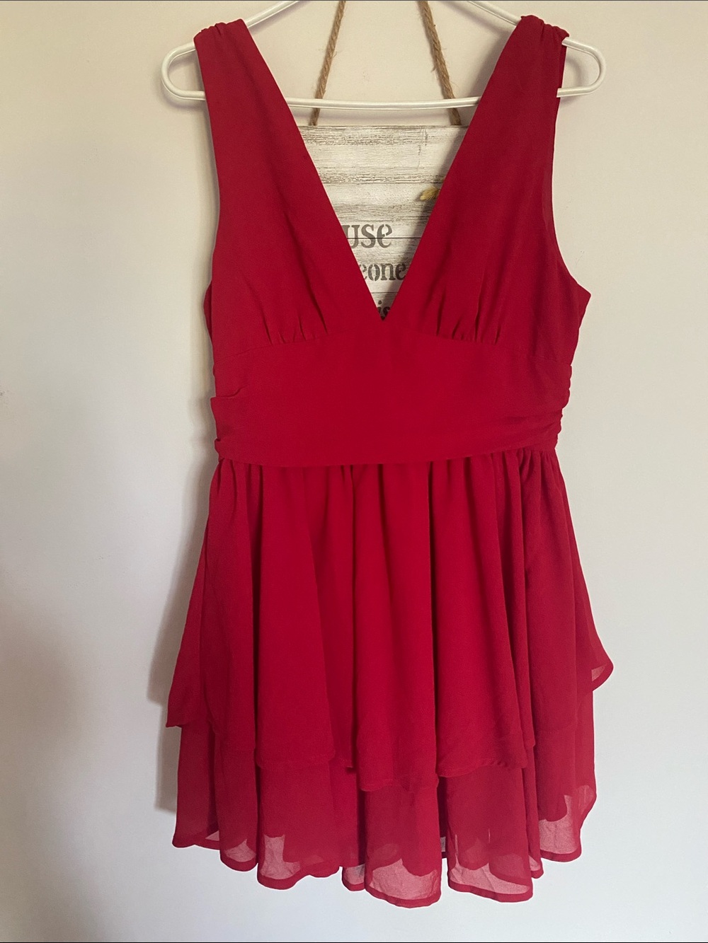 SHEIN Red V-Neck Layered Chiffon Mini Dress Ladies Clothes